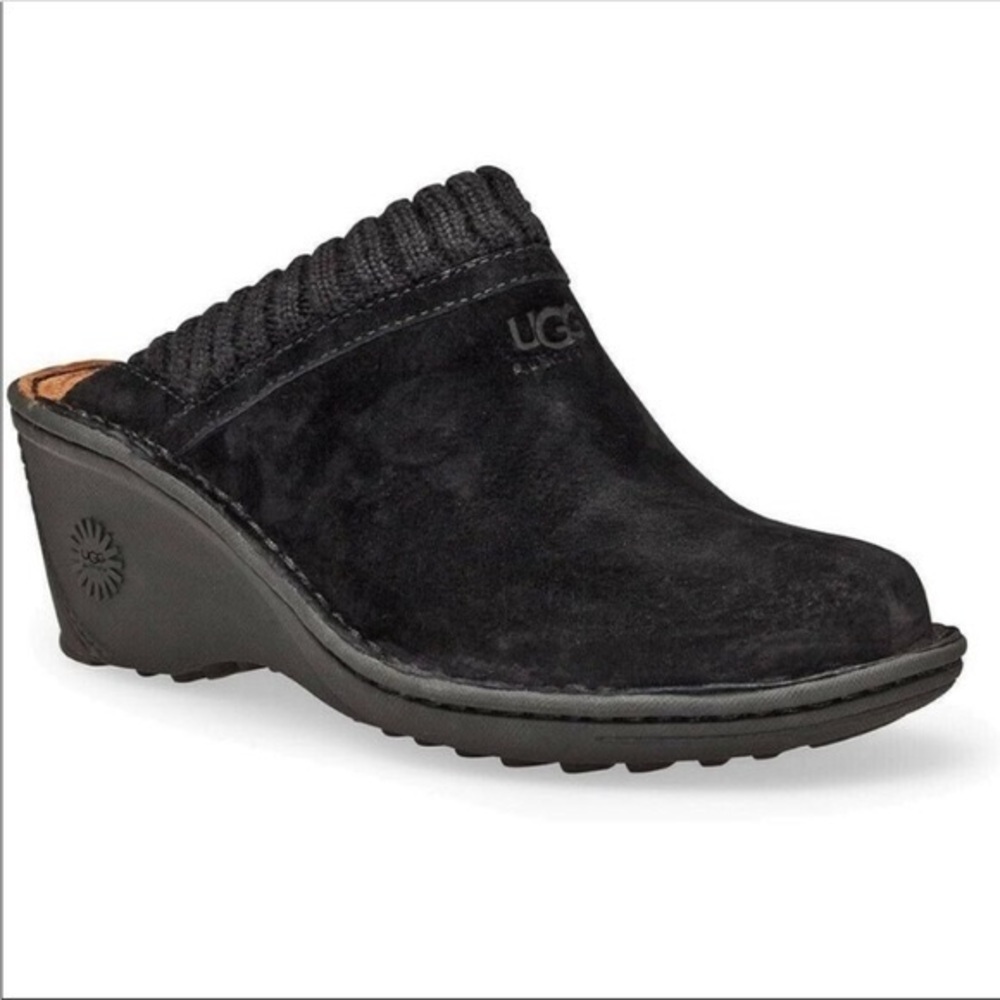 UGG Black Suede Leather Shearling Sheepskin Lined Slip On Wedge Mules Size 7